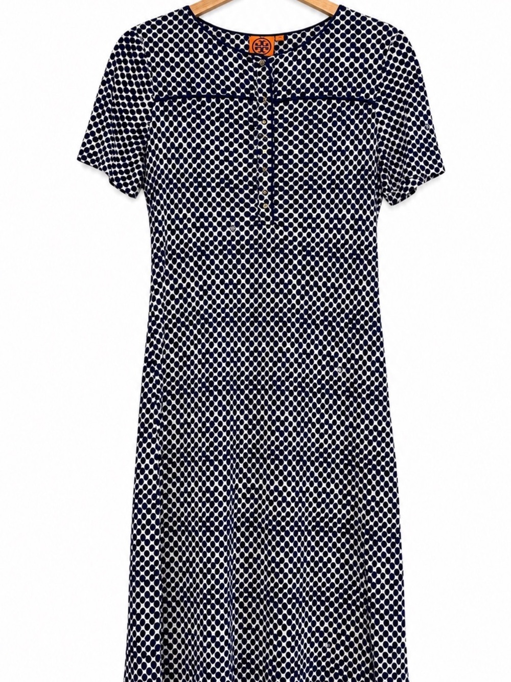 Tory Burch Silk Short. Sleeve Navy- White Polka Dots Shirt Dress Size M -  EUC - Picture 4 of 11